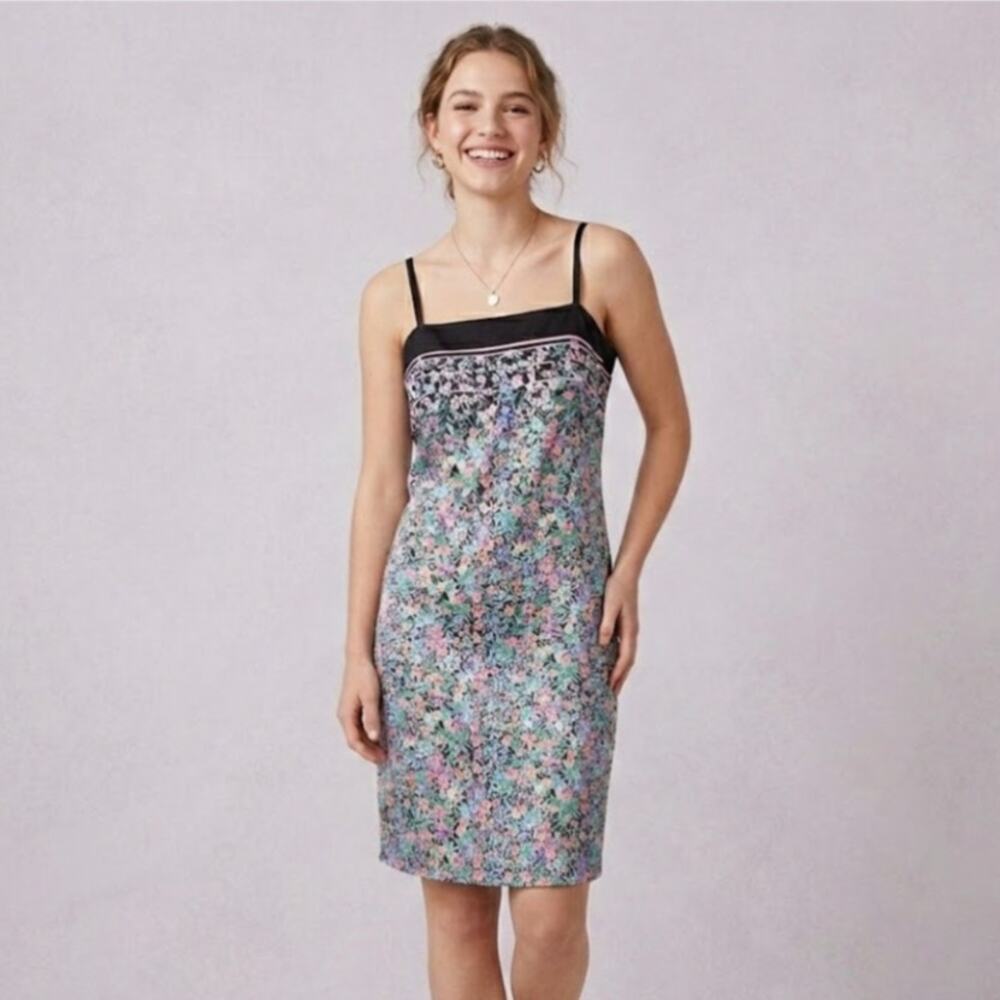 Vintage 80s Silk Slip Dress Ditsy Floral Shift Mini Dress Coquette Womens L